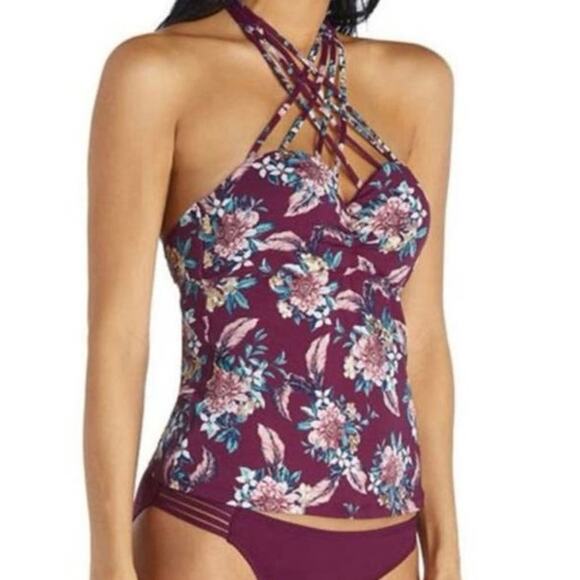 Ambrielle NEW Push Up Bandeau Floral D Cup Swim Tankini Top M/L Strappy Halter - Picture 2 of 9
